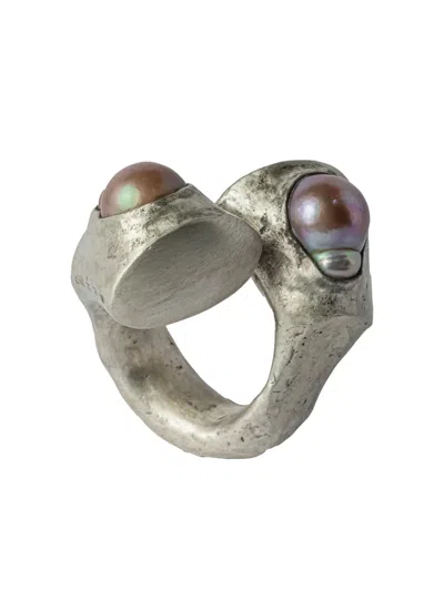 Parts Of Four Sterling Silver Giant Twisted Druid Baroque Pearl Ring In Neutral