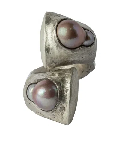 Parts Of Four Sterling Silver Giant Twisted Druid Baroque Pearl Ring In Neutral