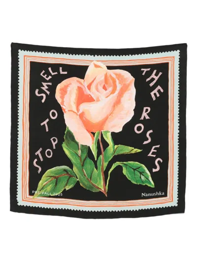 Nanushka Rose-print Silk Scarf In Black