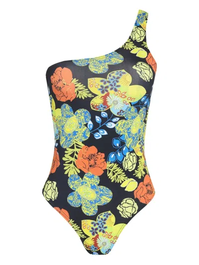 Amir Slama One-shoulder Floral Swimsuit In Multi