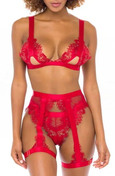 Oh La La Cheri Open Cup Bralette, High Waist Panties & Suspenders Set