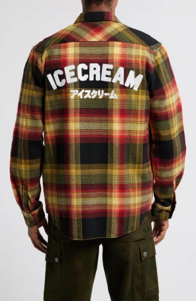 Icecream Blocky Plaid Cotton Flannel Button-up Overshirt