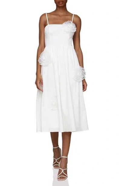 Avec Les Filles Sleeveless 3d Flower A-line Midi Dress In White