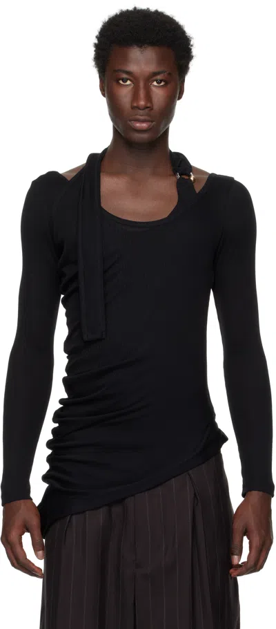 Jean Paul Gaultier Black Ribbed Twisted Double Layer Piercing T-shirt In Black