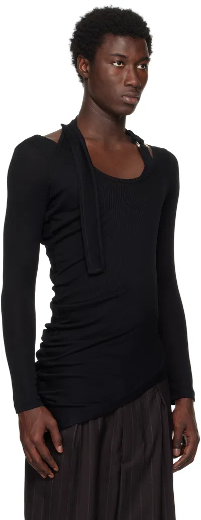 Jean Paul Gaultier Black Ribbed Twisted Double Layer Piercing T-shirt In Black