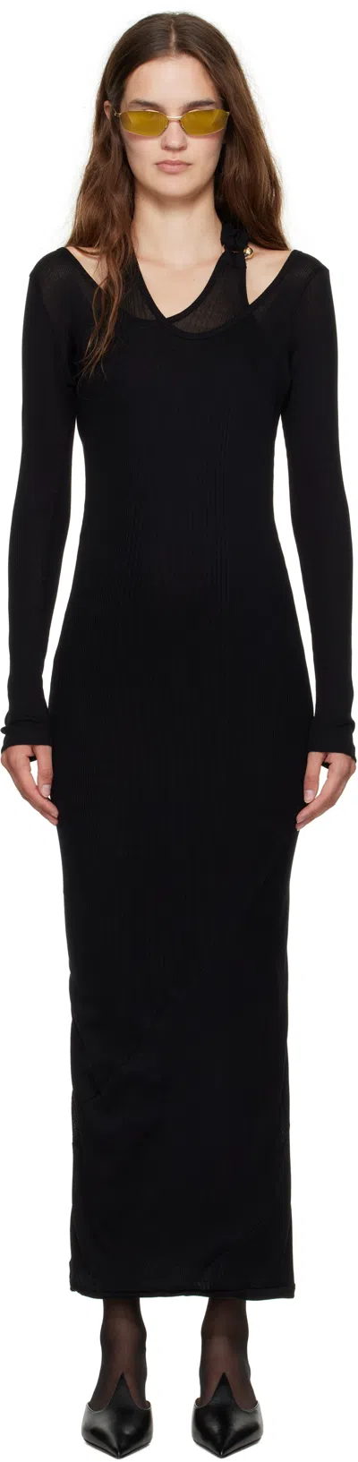 Jean Paul Gaultier Black Ribbed Twisted Double Layer Piercing Midi Dress
