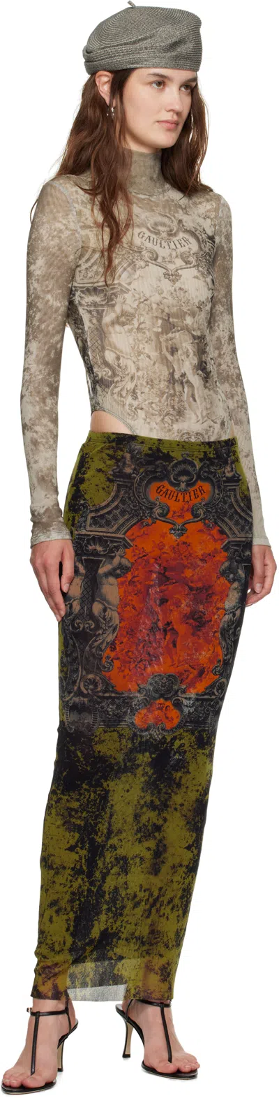 Jean Paul Gaultier Khaki & Orange 'the Long Médaillon' Midi Skirt