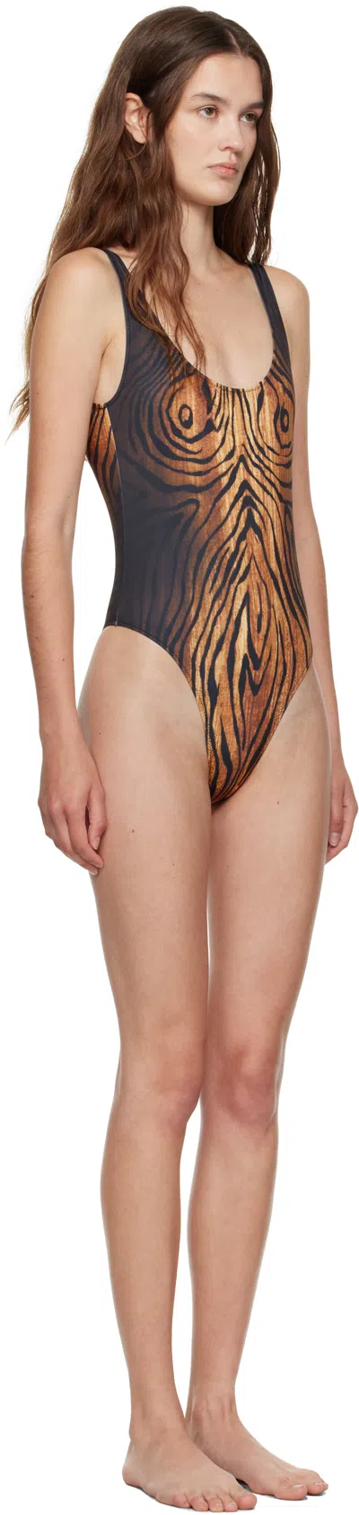 Jean Paul Gaultier Wood-print Scoopneck Swimsuit In Black