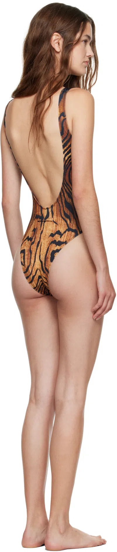 Jean Paul Gaultier Wood-print Scoopneck Swimsuit In Black