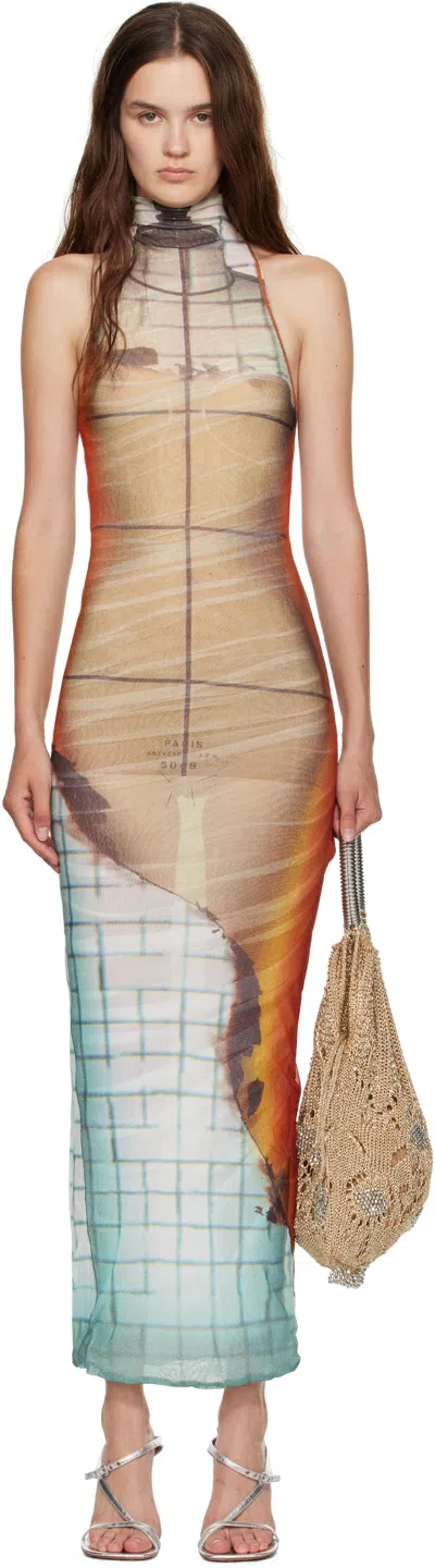 Jean Paul Gaultier Fire Printed Mesh Sleeveless Midi Dress