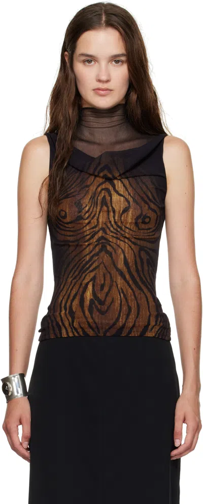 Jean Paul Gaultier Black & Brown Double Layered Printed Wood Tank Top
