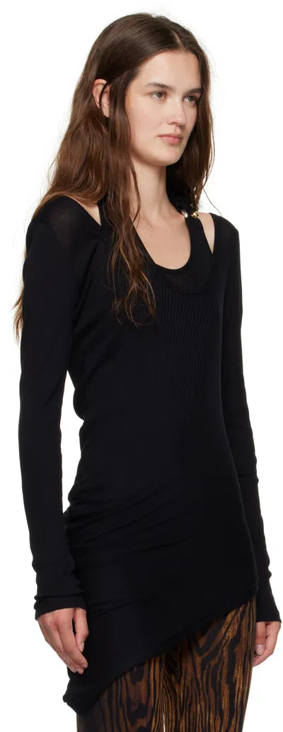 Jean Paul Gaultier Black Ribbed Twisted Double Layer Piercing T-shirt