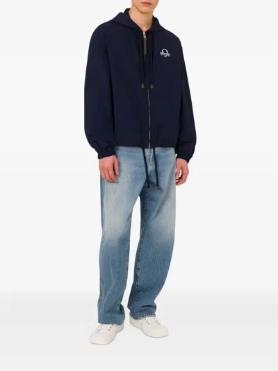 Moschino Hooded Black Nylon Jacket With Adjustable Hem In Blue