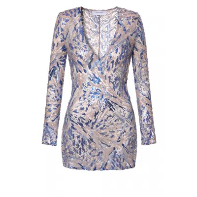 Aggi By Halewski Women's Aira Blue Mix Sparkle Sequin Mini Dress With Long Sleeve