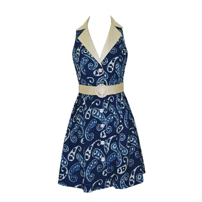 Richa Sharma Women's Blue / White / Silver Indigo Handcrafted Block Painted Dress With Pearl Buckle Belt - Organi