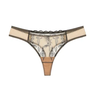 Amour D'agnette Women's Neutrals / Black Kim Thong In Floral Embroidery On Jelly Fabric