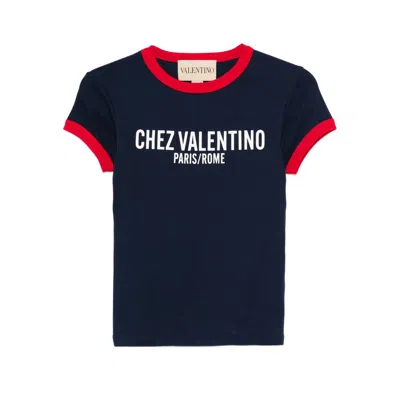 Valentino Crew Neck Cotton T-shirt With Contrast Trim In Blue