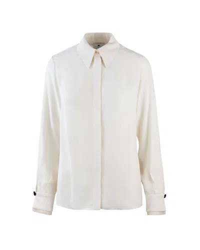 Elisabetta Franchi Casual Georgette Collared Neck Top With Logo Scarf In White