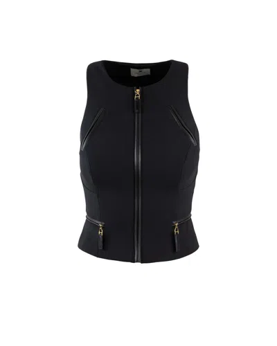 Elisabetta Franchi Double Crepe Top With Black Zip Details In Black
