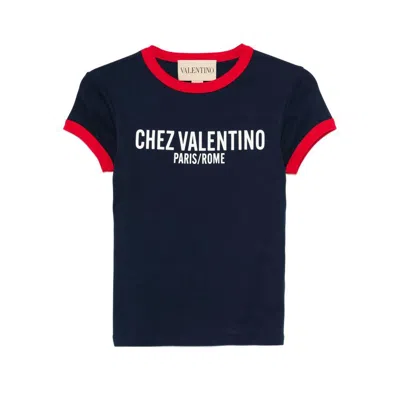 Valentino Crew Neck Cotton T-shirt With Contrast Trim In Blue