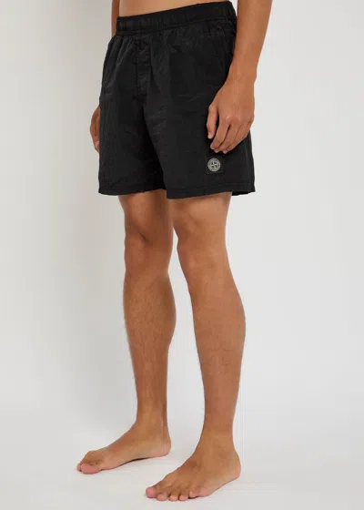 Stone Island Nylon Swim Shorts With Texture And Logo Patch In Black