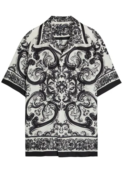 Dolce & Gabbana Maiolica Print Silk Twill S/s Shirt In Black