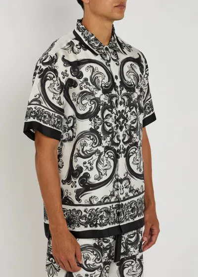 Dolce & Gabbana Maiolica Print Silk Twill S/s Shirt In Black