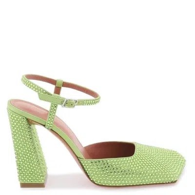 Amina Muaddi Satin Lime Charlotte Pumps With Crystals