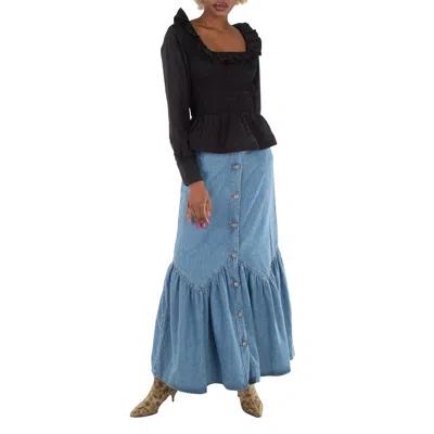 Ganni Black Cotton Poplin Ruffled Smock Blouse In Blue