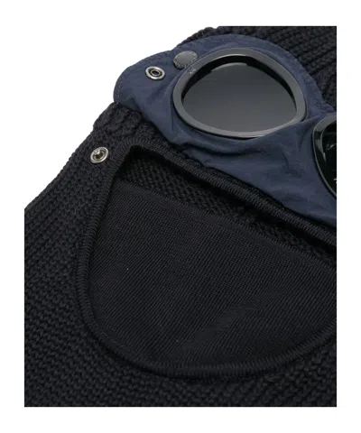 C.p. Company Men Dark Blue Wool Knit Integrated Goggles Snap Button Fastening Ribbed Texture C.