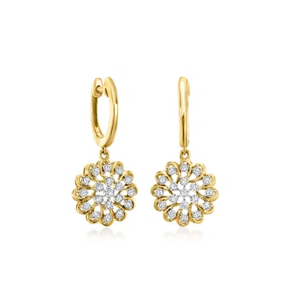 Ross-simons Diamond Flower Hoop Drop Earrings In 14kt Yellow Gold