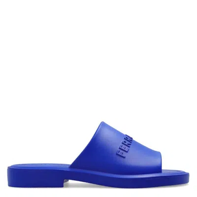 Ferragamo Giuneva Logo Embossed Slides In Blue