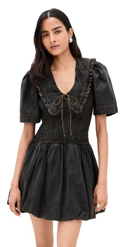 Ganni Cotton Dress With Puff Sleeves And Ruffled Collar In Gray