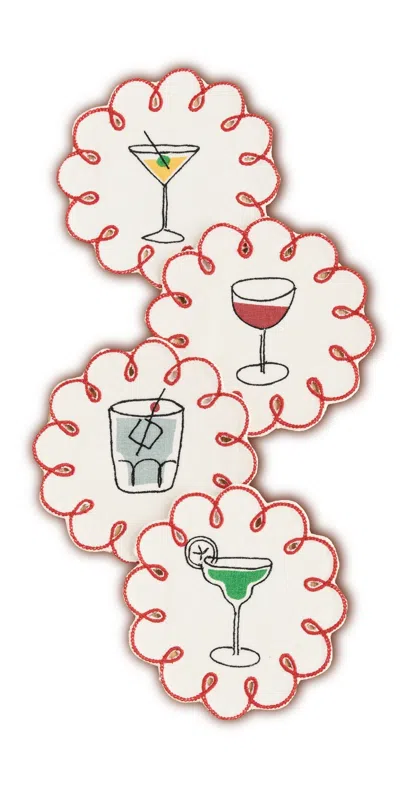 Misette Set Of 4 Cocktail Embroidered Linen Coasters Multicolor