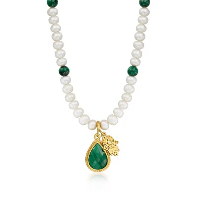 Ross-simons Malachite And 5-5.5mm Cultured Pearl Hamsa Charm Necklace With Single White Zircon In 18kt Gold Over
