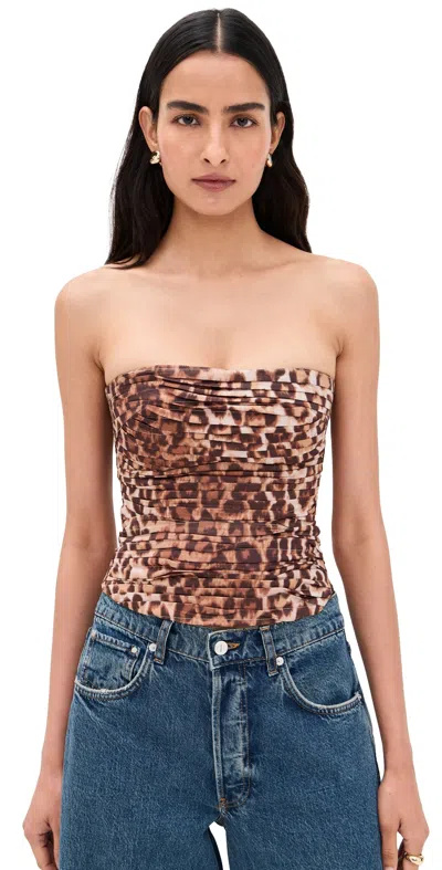 Aje Sunbeam Strapless Ruched Leopard-print Cotton-poplin Top In Brown