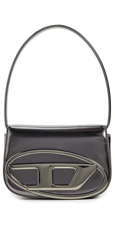 Diesel 1dr Silver-tone Shoulder Bag With Oval D Patch In Lamintaed Leather Woman In Gray