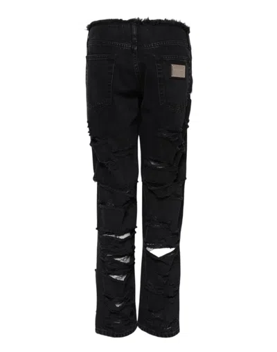 Dolce & Gabbana Black Cotton Tattered Mid Waist Denim Women's Jeans