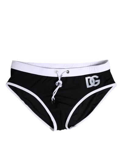 Dolce & Gabbana Black White Drawstring Beachwear Brief Men's Swimwear () In Black