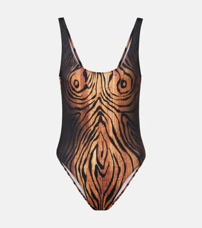 Jean Paul Gaultier Wood-print Scoopneck Swimsuit In Black