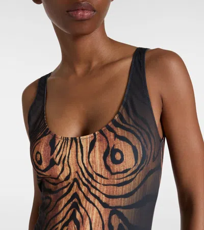 Jean Paul Gaultier Wood-print Scoopneck Swimsuit In Black
