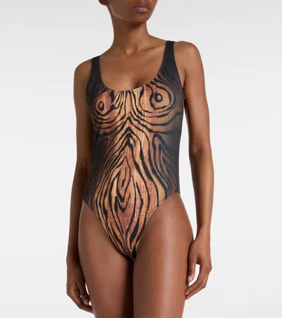 Jean Paul Gaultier Wood-print Scoopneck Swimsuit In Black