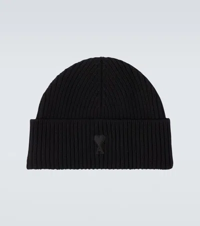 Ami Alexandre Mattiussi Ami Paris Men Black Ribbed Knit Beanie With Logo Embroidery On The Front In Wool Man In Black