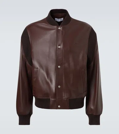 Loewe Logo-debossed Ribbed-knit Trimmed Leather Bomber Jacket In Brown