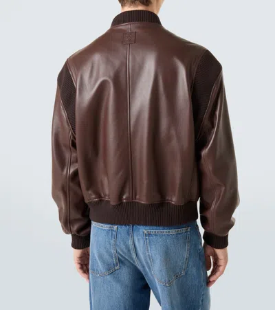 Loewe Logo-debossed Ribbed-knit Trimmed Leather Bomber Jacket In Brown
