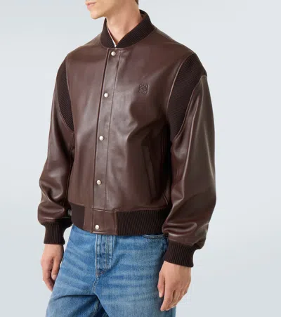 Loewe Logo-debossed Ribbed-knit Trimmed Leather Bomber Jacket In Brown