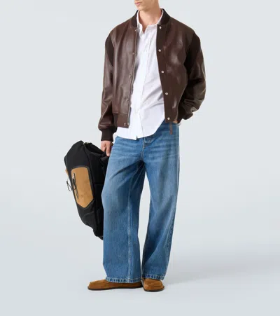 Loewe Logo-debossed Ribbed-knit Trimmed Leather Bomber Jacket In Brown