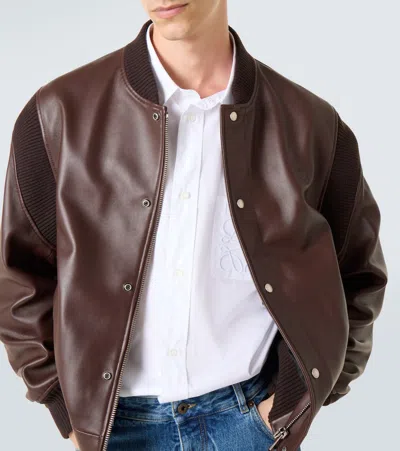 Loewe Logo-debossed Ribbed-knit Trimmed Leather Bomber Jacket In Brown
