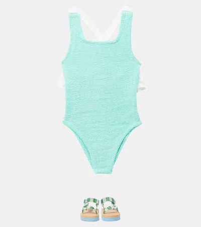 Hunza G Lara Bow-detail Ruffled Swimsuit In Blue