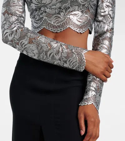 Rabanne Long Sleeve Metallic Lace Top In Gray
